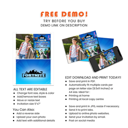 Fortnite Personalized Photo Card Invitations - Fortnite Themed Photo Invites