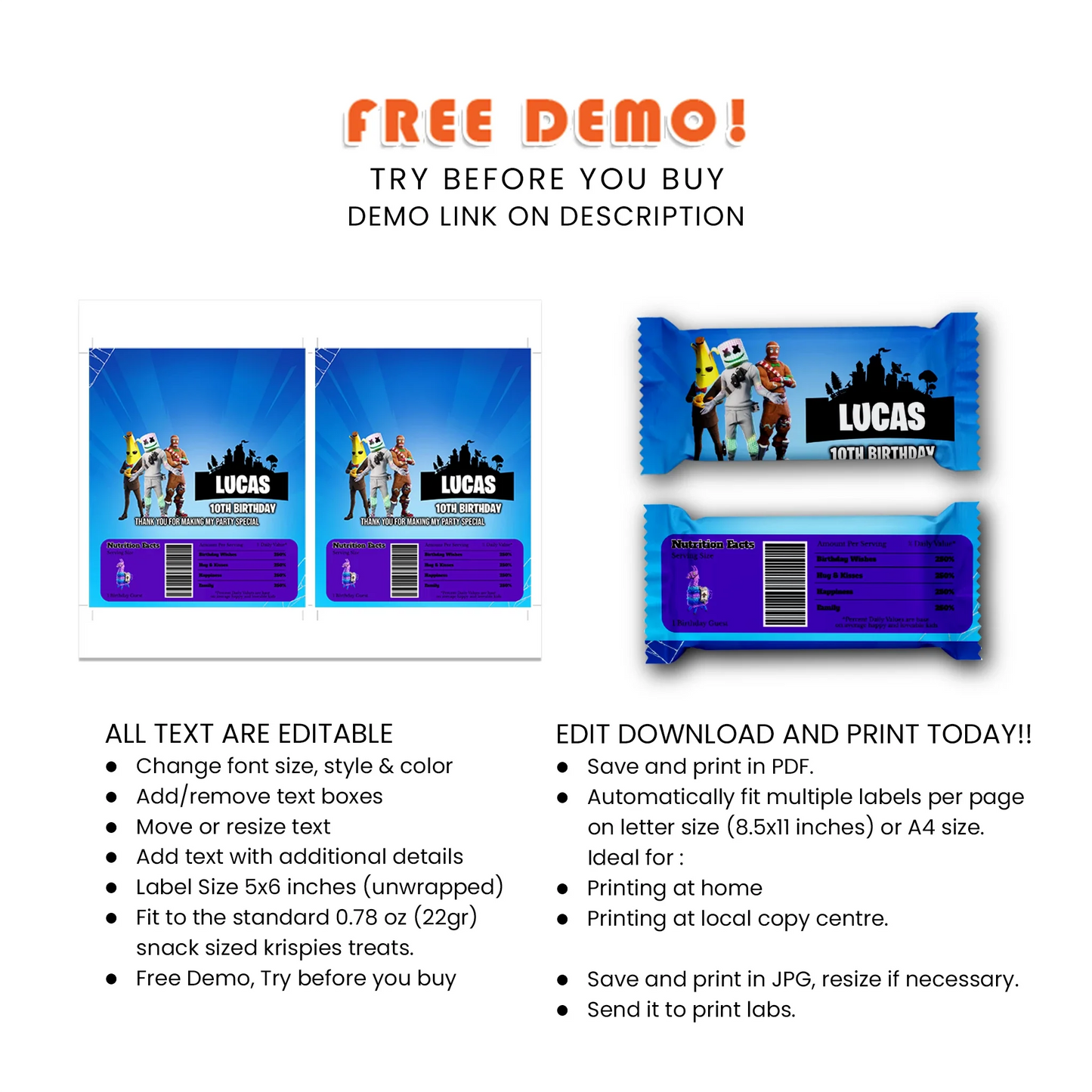 Fortnite Rice Krispies Treats & Candy Bar Label - Fun Fortnite Treat L ...