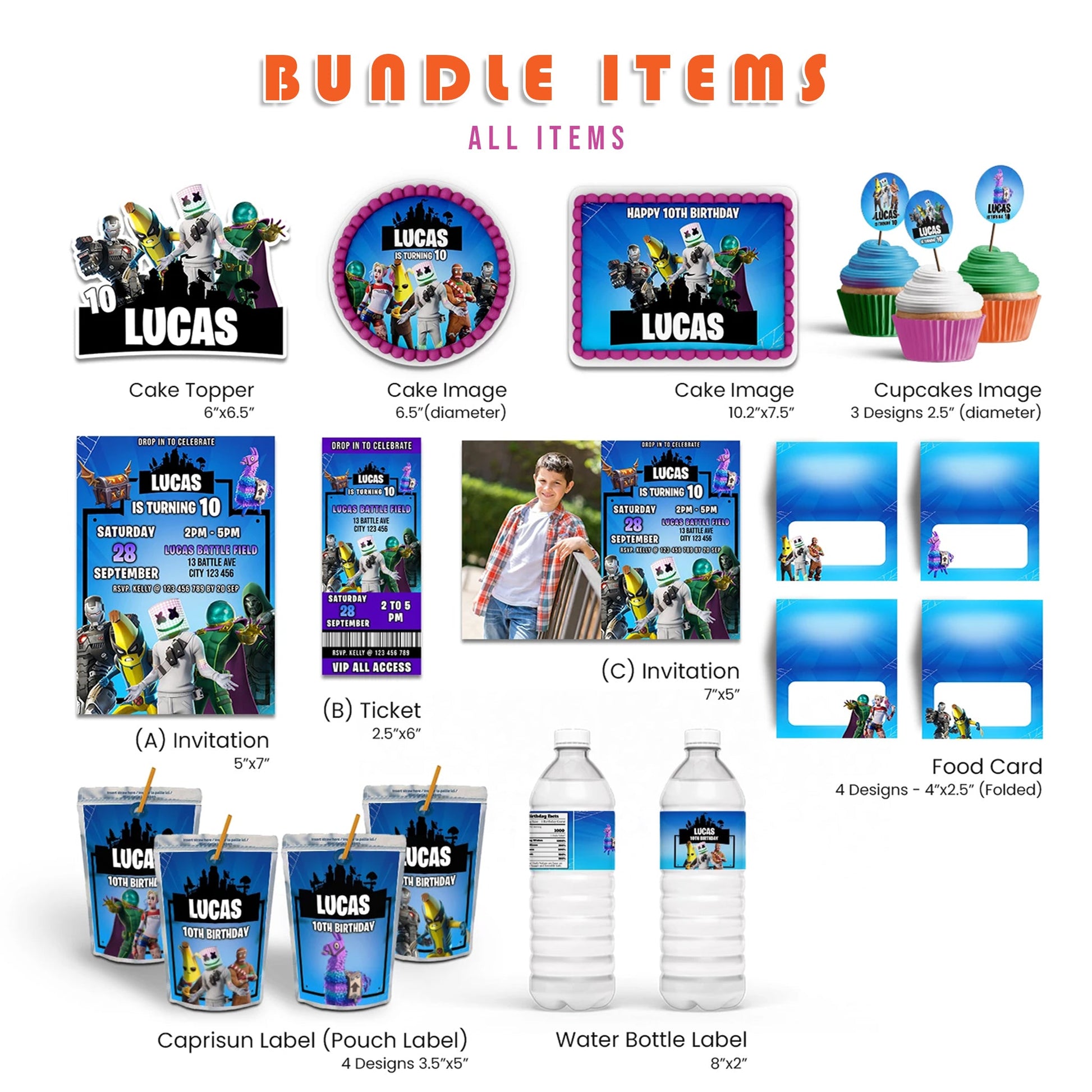 Fortnite Personalized Digital Template Party Pack featuring editable decorations for a gaming birthday party