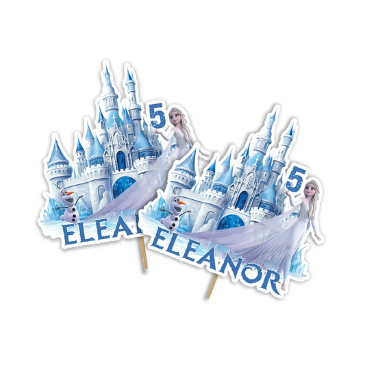 Frozen Personalized Cake Toppers featuring custom names and ages for a themed birthday cake decoration