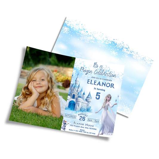 Frozen Personalized Photo Card Invitations with a custom picture and event details for a unique invite