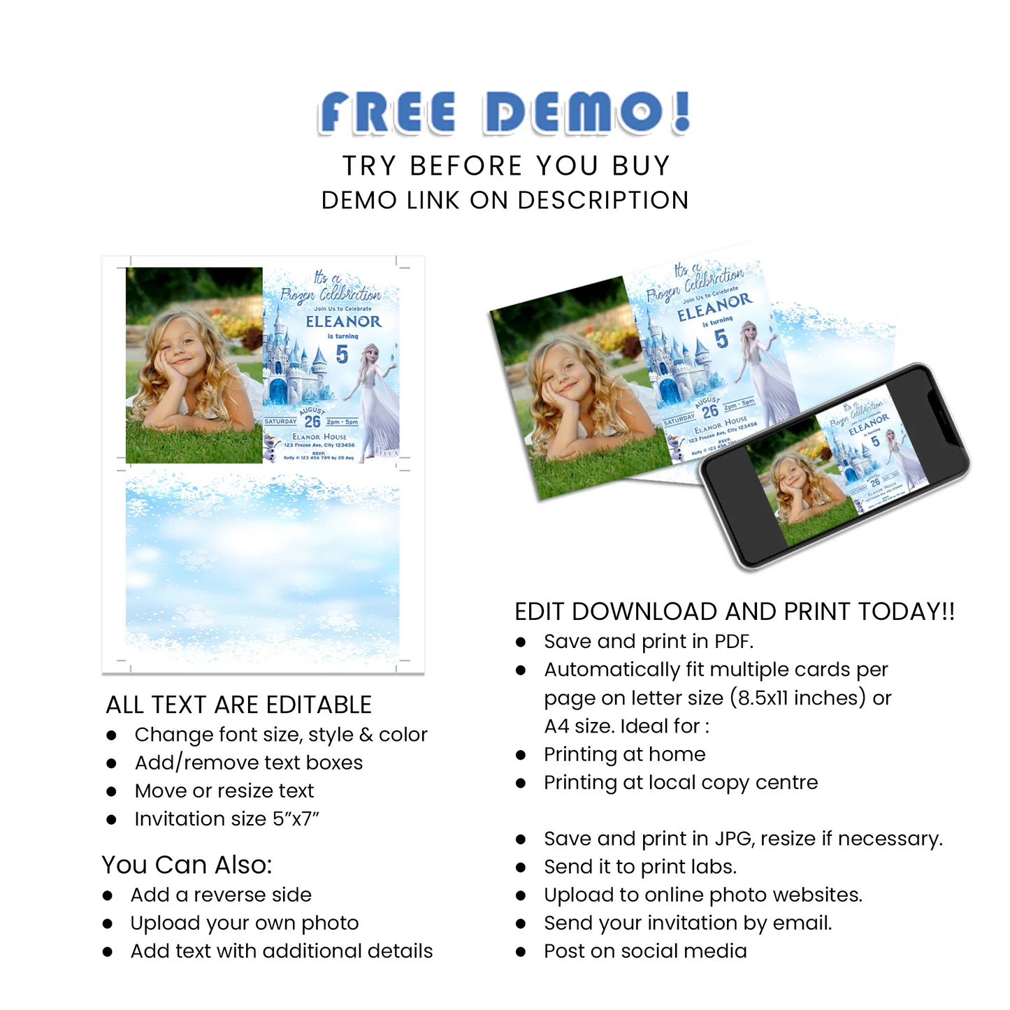 Frozen Personalized Photo Card Invitations for Custom Party Invites