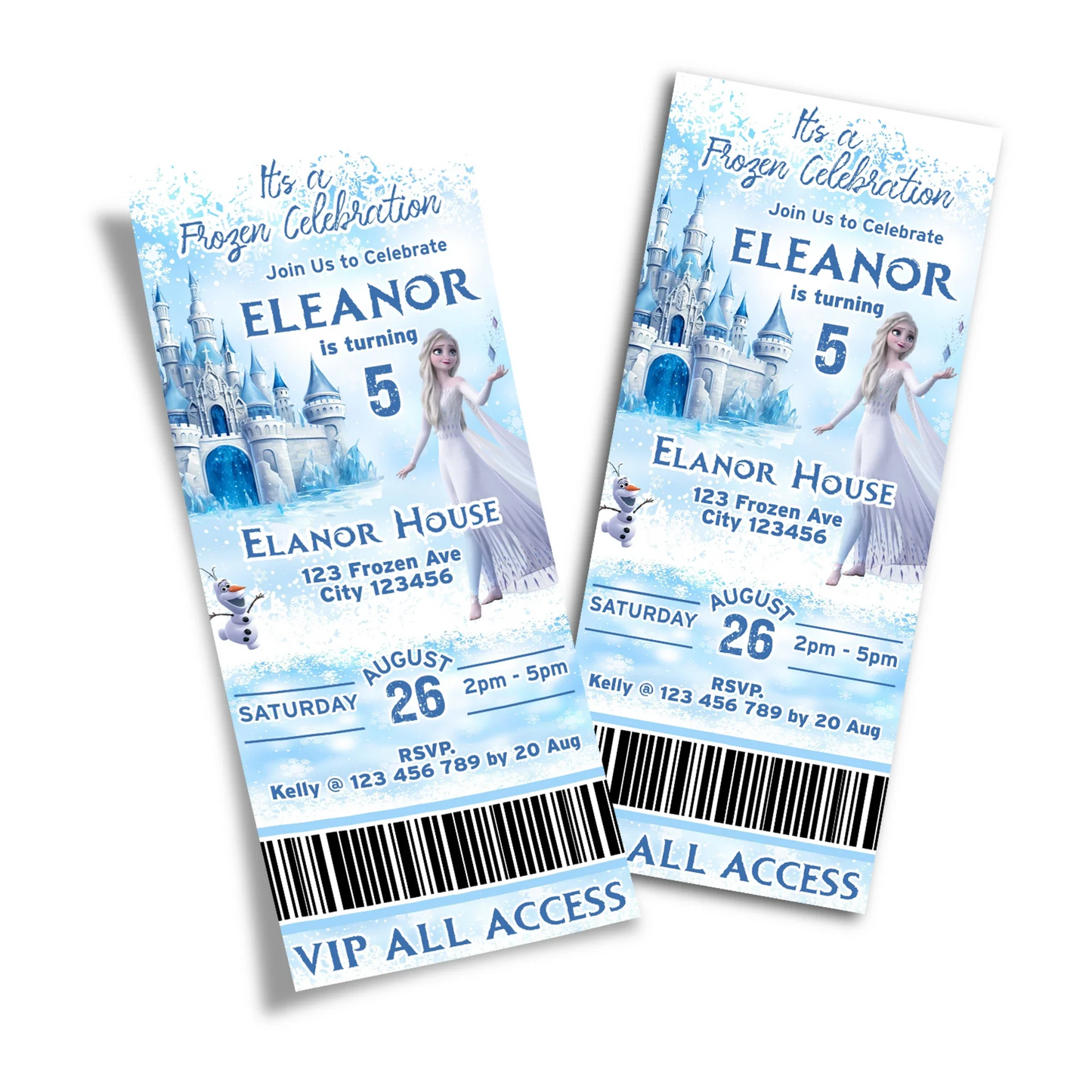 Frozen Personalized Birthday Ticket Invitations designed like tickets for a fun and creative party invite