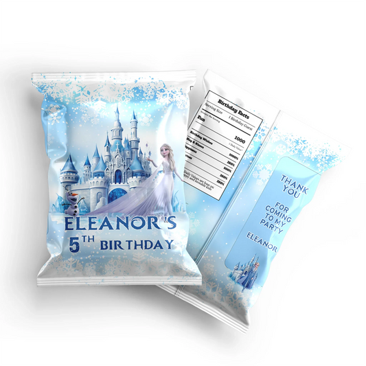 Frozen Chips Bag Label with a customized design for Frozen-themed party snack packaging