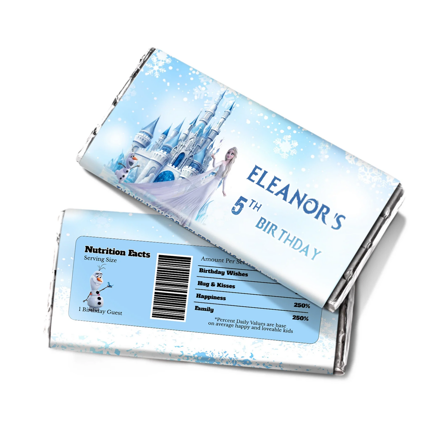 Frozen Chocolate Label to wrap candy bars with a Frozen-themed personalized wrapper