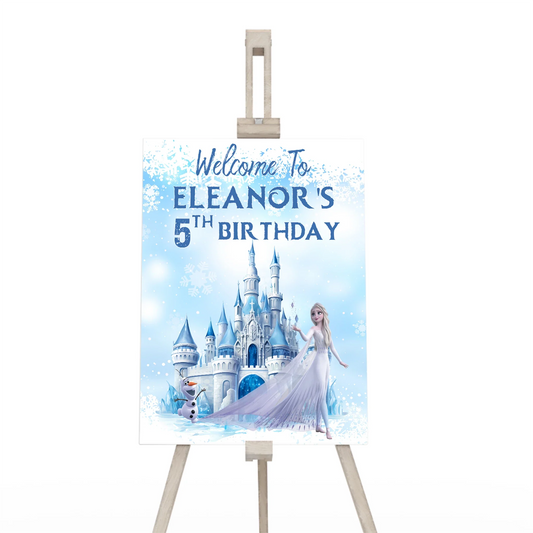 Frozen Welcome Sign with custom text to greet guests at a Frozen-themed celebration