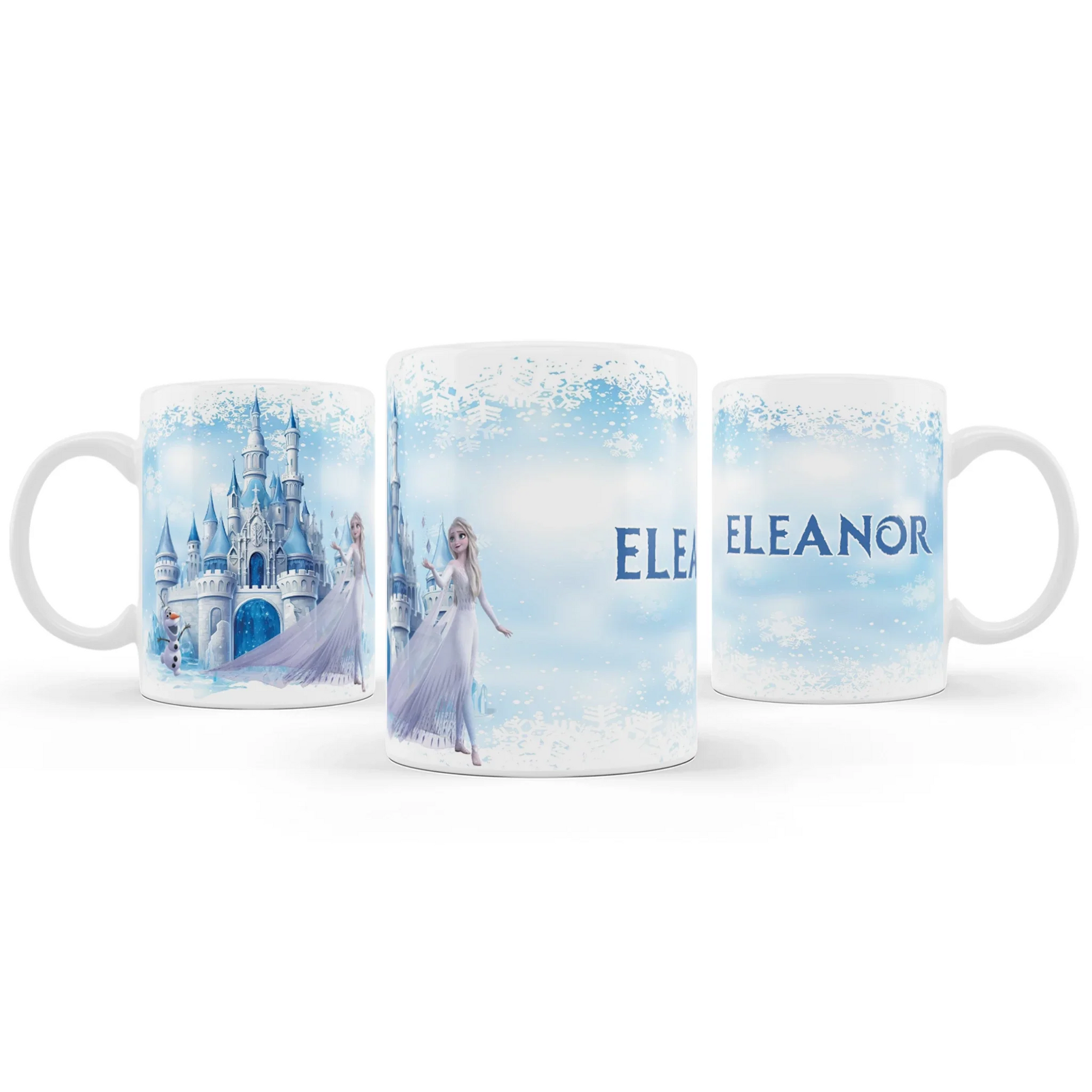 Frozen Sublimation Mug featuring a custom name and Frozen-themed artwork for a unique gift