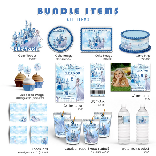 Frozen Personalized Digital Template Party Pack Bundle with editable invitations, labels, and decorations