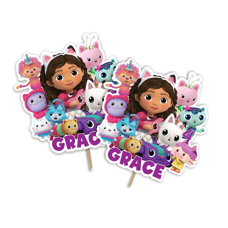 Gabbys Dollhouse cake toppers personalized with name in bright pastel colors on white background flat lay