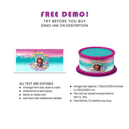 Gabbys Dollhouse Cake Strips Personalized Edible Decoration for Kids Party