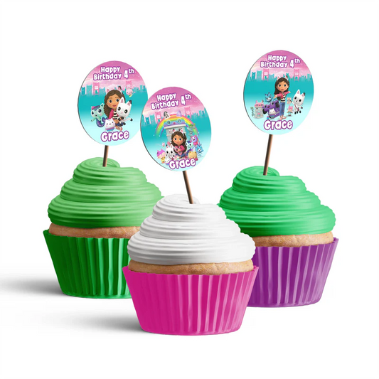 Gabbys Dollhouse cupcake toppers with pastel character design circle cut personalized on white background