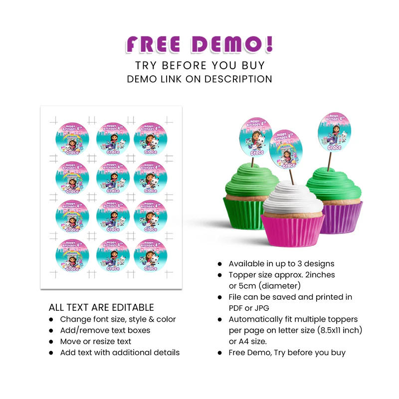 Gabbys Dollhouse Cupcake Toppers Personalized Party Decoration for Kids