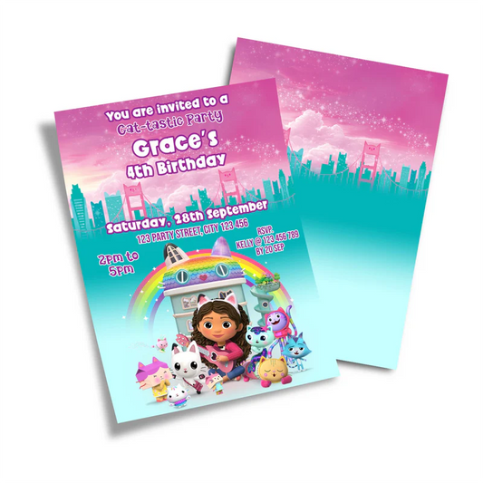 Gabbys Dollhouse birthday card invitations with pastel colors and playful themed graphics flat lay