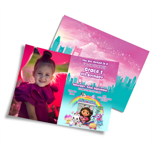Gabbys Dollhouse photo card invitations personalized with child’s photo pastel themed design on white background