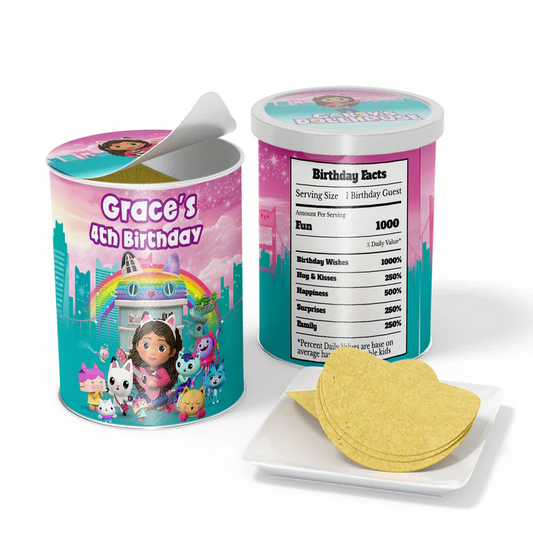 Gabbys Dollhouse small Pringles label pastel themed wrap with colorful design flat lay on white background