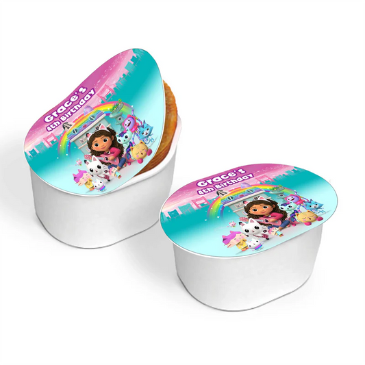 Gabbys Dollhouse mini Pringles label personalized pastel wrap flat lay on white surface