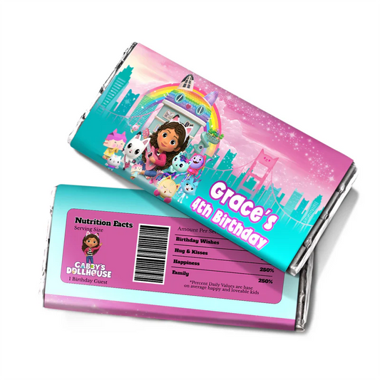 Gabbys Dollhouse chocolate label pastel themed candy bar wrapper flat lay on white surface