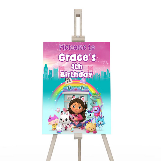 Gabbys Dollhouse welcome sign personalized pastel themed design vertical layout flat lay on table
