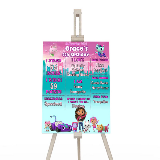 Gabbys Dollhouse milestone poster pastel themed layout with custom details flat lay on white background