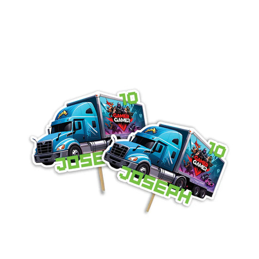 Game Truck personalized cake toppers, bold gaming theme, circular cutouts on white background