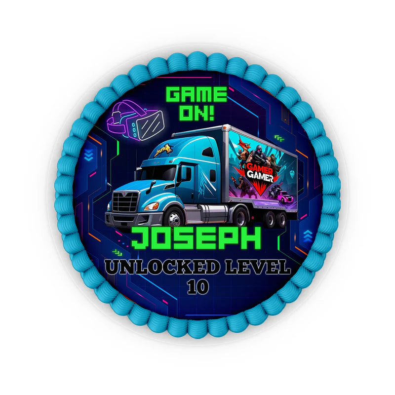 Game Truck edible icing cake images, vibrant gaming graphics, printable sheet on white background
