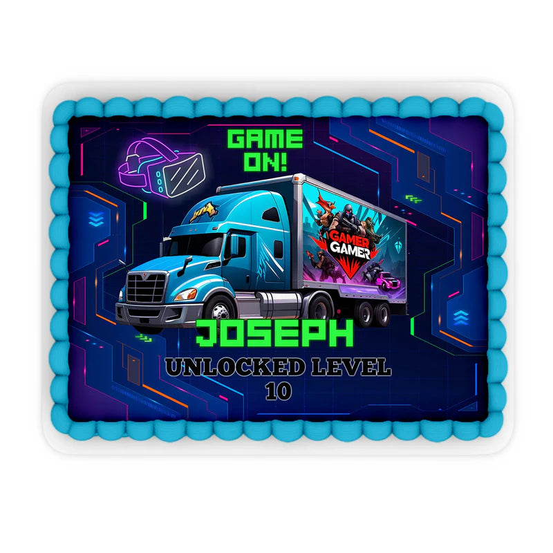 Game Truck edible sheet cake images, bold themed layout, rectangular print on white background