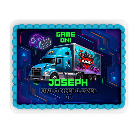 Game Truck edible sheet cake images, bold themed layout, rectangular print on white background