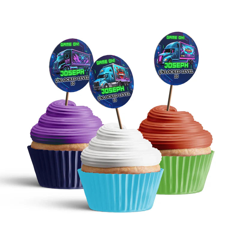 Game Truck personalized cupcake toppers, gaming theme circles, party set on white background
