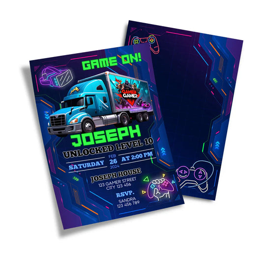 Game Truck birthday card invitations, bold gaming design, flat card layout on white background