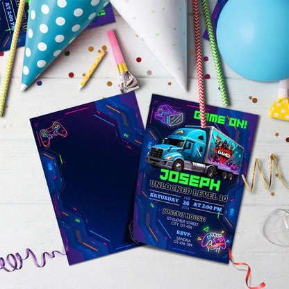Game Truck Birthday Decorations, Video Games Party Supplies, VR Games Themed, VR Neon Digital Template, Editable Game Truck Image SVG PNG