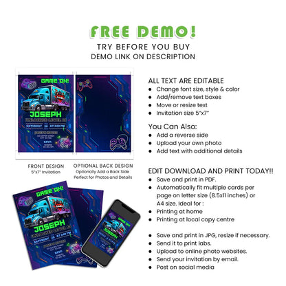 Game Truck Personalized Birthday Invitations – Custom Party Cards