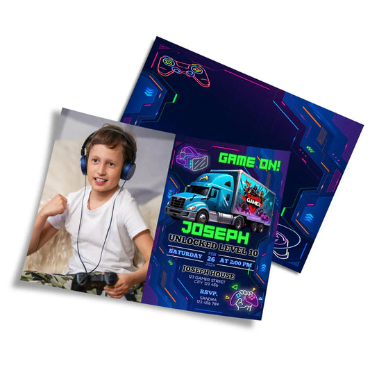Game Truck photo card invitations, dark gaming theme with photo, flat layout on white background