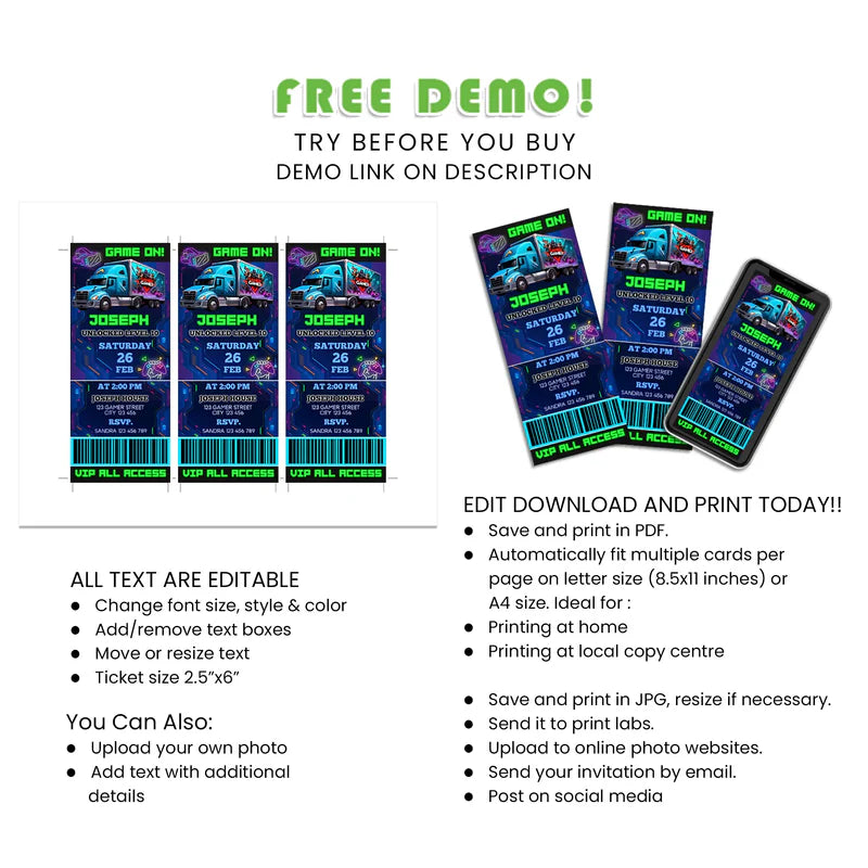 Buy Game Truck Ticket Invitations – Custom Birthday Party Invites