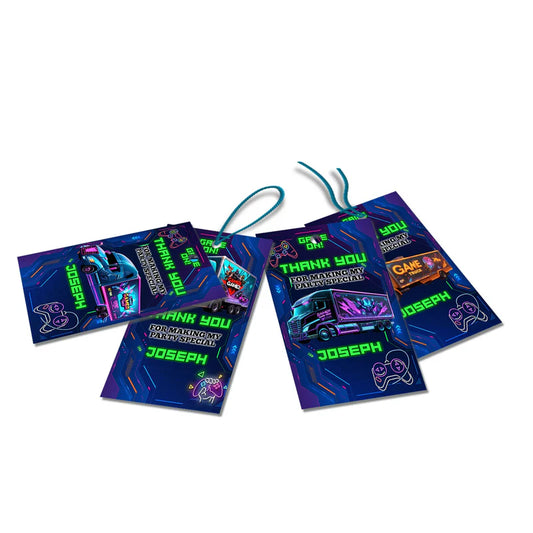 Game Truck thank you tags, dark gaming theme, small tag set on white background