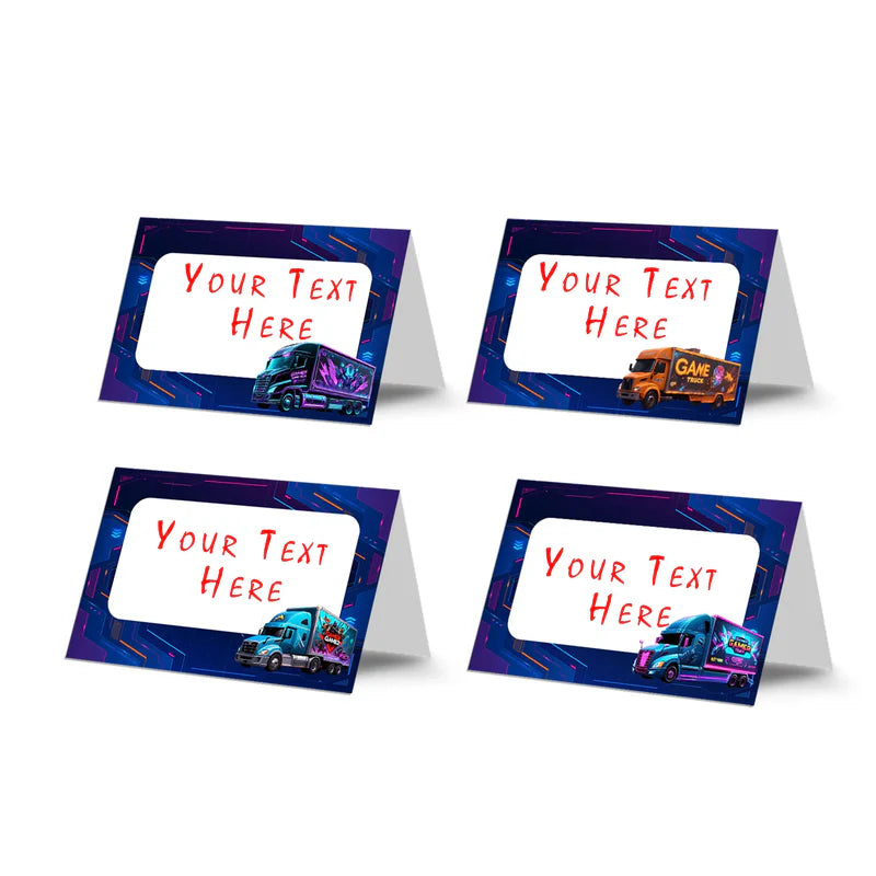 Game Truck food cards, gaming themed buffet labels, tent cards on white background