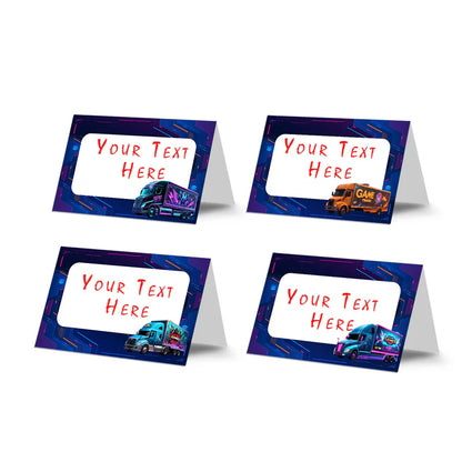 Game Truck food cards, gaming themed buffet labels, tent cards on white background