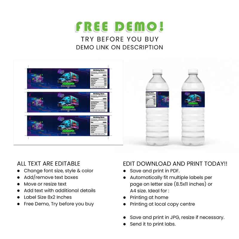Buy Game Truck Water Bottle Labels – Custom Drink Party Labels