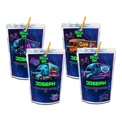 Game Truck juice pouch label, gaming themed drink wrap, flat mockup on white background