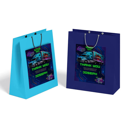 Game Truck goodie bag label, dark gaming theme, flat layout on white background