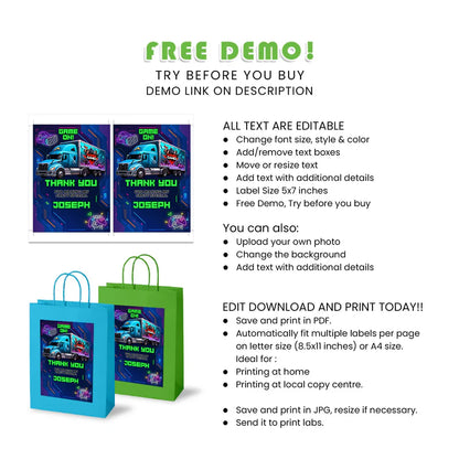 Game Truck Goodie Bag Labels – Personalized Party Favor Tags