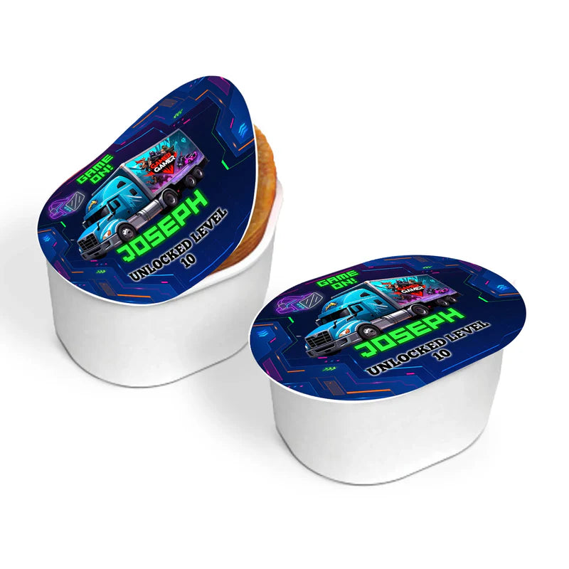 Game Truck mini Pringles label, bold small can wrap, party mockup on white background