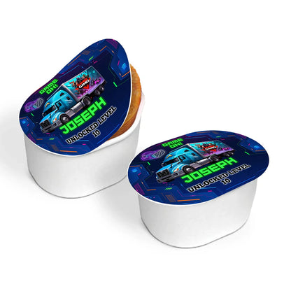 Game Truck mini Pringles label, bold small can wrap, party mockup on white background