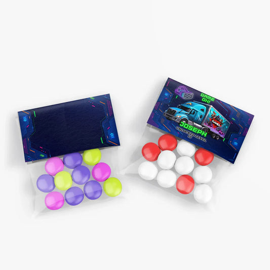 Game Truck treat bag topper label, gaming fold over design, flat lay on white background