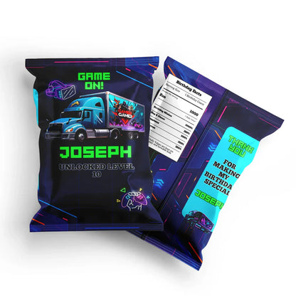 Game Truck chips bag label, bold snack wrapper design, flat mockup on white background