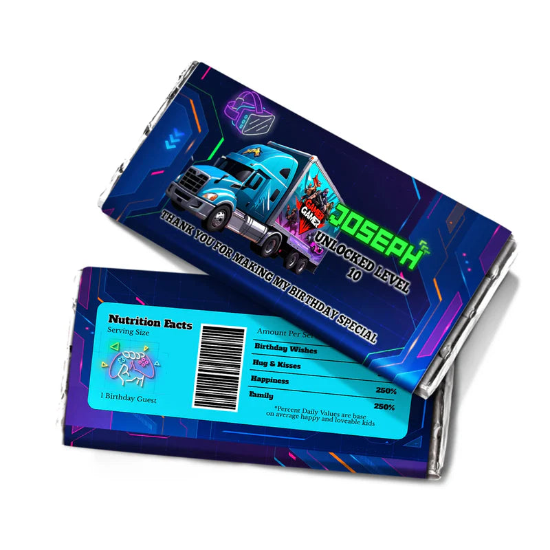 Game Truck chocolate label, gaming candy bar wrapper, flat layout on white background