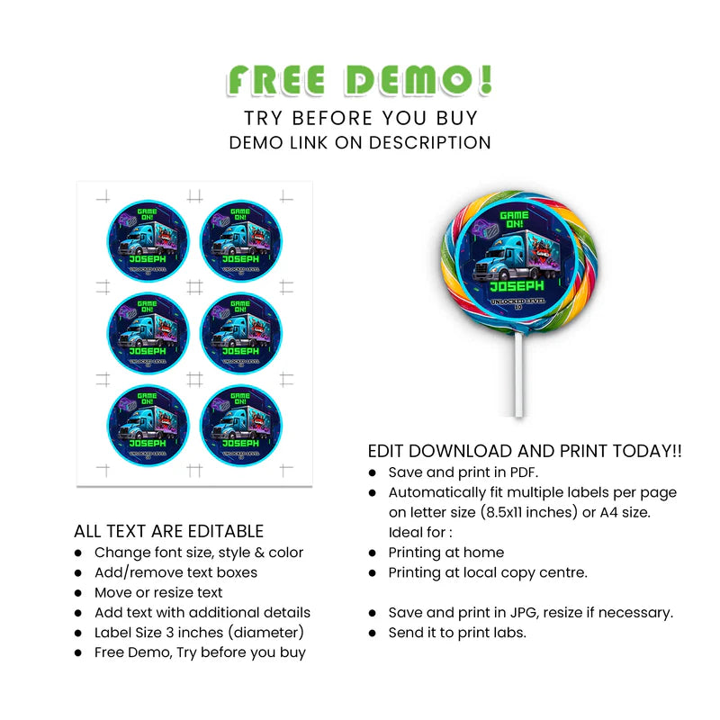 Buy Game Truck Lollipop Labels – Personalized Candy Party Stickers