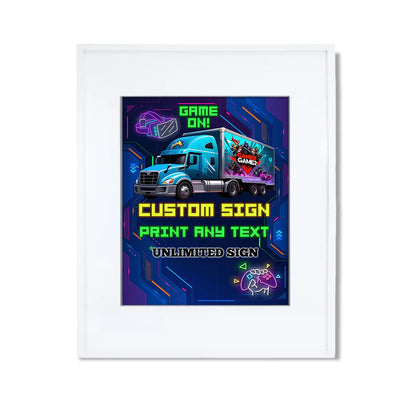 Game Truck custom sign, bold gaming poster design, vertical layout on white background
