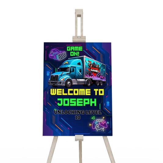 Game Truck welcome sign, gaming themed entrance poster, vertical display on white background