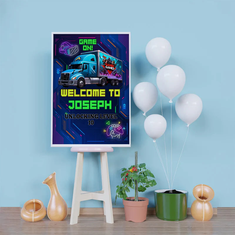 Game Truck Birthday Decorations, Video Games Party Supplies, VR Games Themed, VR Neon Digital Template, Editable Game Truck Image SVG PNG