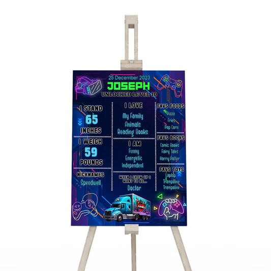 Game Truck milestone poster, bold birthday stats board, vertical layout on white background